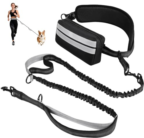 OFFCUP Guinzaglio Mani Libere per Cani, Guinzaglio Da Jogging, Prolunga Elastica Con Cuciture Riflettenti per Marsupio Rimovibile, Camminata, Jogging E Corsa Con Cani (Nero, Per 1 Cane)