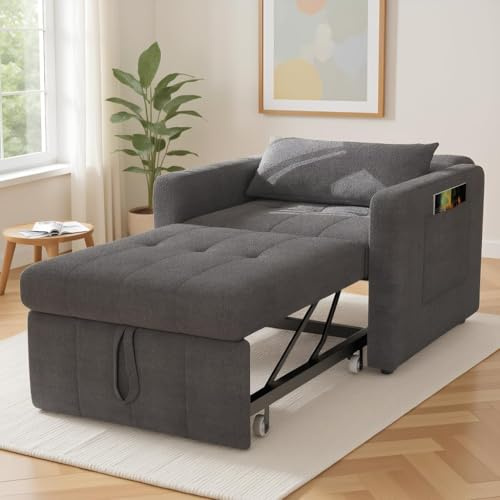 Poltrona letto singolo convertibile 3 in 1, sedia a letto con funzione letto, divano letto allungabile, lettos con tavoli da tè pieghevoli, poltrona regolabile con cuscino, grigio, 190x108x86 cm
