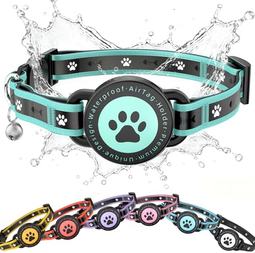 JIARUI Collare Airtag Gatto con supporto per AirTag e Campanellino, Riflettente e Impermeabile Collare Gattocon Fibbia di Sicurezza per Gatti Gattini e Cuccioli (Verde, 9.3-13)