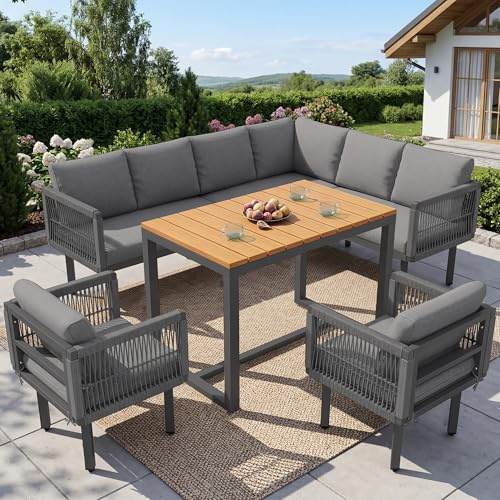 Sapgaks Salon de Jardin pour 6-8 Personnes,Canapé d'angle extérieur avec 2 fauteuils et Table,Ensemble de canapé de Jardin avec Un Design en Maille de Corde tissée,Résistante et Imperméabiliser,Gris