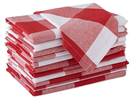 Encasa XO Cotton Cloth Napkins Set of 12, 43x43 cm | Washable & Reusable Dinner Napkins White & Buffalo Red Checks Table Napkins For Dining Table Fall Decoration, Holiday & Christmas Festivals