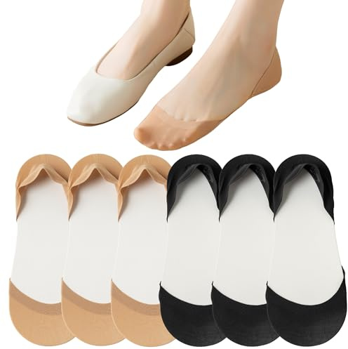 No Show Socks for Flats Heels Pumps Lofers Low Cut Non-Slip Invisible Liner Socks for Women by Flammi, 6 Pairs-black+nude, 6-9