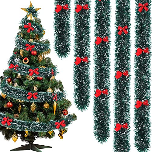 Yilloog 50ft Christmas Tinsel Garland with 38 Red Bows Metallic Christmas Tree Garland Hanging Wreath Decorations Vintage Tinsel Wreaths for Xmas Holiday Indoor Outdoor Party Supplies (Dark Green)