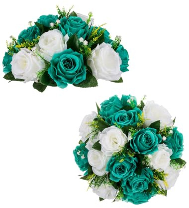 BLOSMON Flower Centerpieces for Tables Wedding 2 Pcs Teal & White Fake Flowers Rose Arrangement Bouquet Floral Centerpiece Balls Artificial Wedding Center Pieces of Valentines Day Home Decor