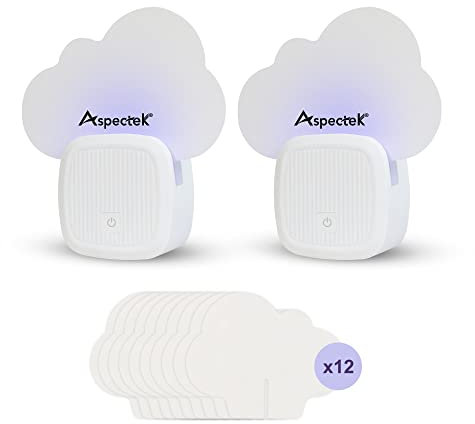 Aspectek Klebe-Fliegenfalle für Innenbereich, Plug-in-Blaulicht-Insektenfalle, geruchlos, geräuschlos, chemikalienlos, mit 12 Packungen Klebepads, Weiß (2 Stück)