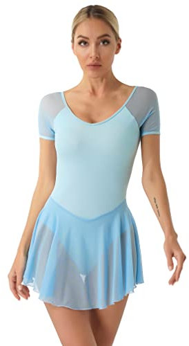 MSemis Damen Ballettkleid Tanztraining Kostüm Ballett Trikot Sport Body V-Ausschnitt Kurzarm Gymnastik Tanzkleid mit Rüschenrock gr. S-XXL Hellblau S