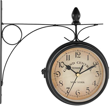 Hanging Train Station Living Double Sided Wall Clock Outdoor Garden Indoor Vintage Retro Theme Wall Mounted 22 x 22 x 9 cm