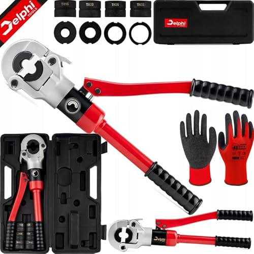 Delphi (360° Kopf, 8T Druck) Presszange TH-Kontur 16-20-26-32mm plus Schutzhandschuhe - Hydraulische Presszange Kupferrohr, Aluminiumrohre, PEX-Rohre, PB-Rohre, Kupferrohr-Fittings, Kupferverbindungen