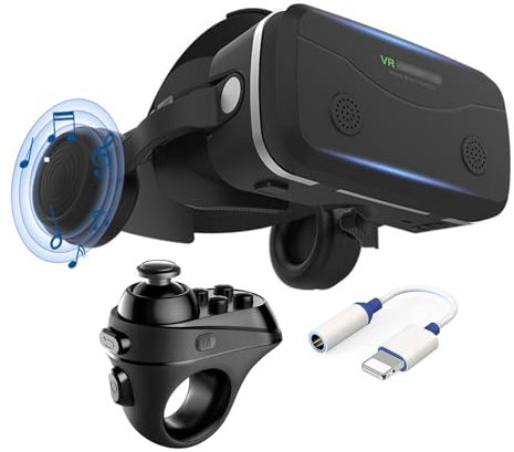 VR Casque Lunettes avec Écouteurs et Manettes, Casque de Réalité Virtuelle Glasses VR Lunettes pour Films 3D Jeux Vidéo Compatible avec Smartphones iPhone Android de 4,7 à 7,2 Pouces pour Adolescents