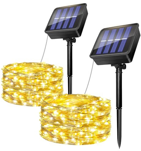 2 Pack Solar String Lights Outdoor, 5M/16.4Ft 50 LED Solar Powered Fairy Lights Waterproof, 8 Modes Copper Wire Decorative Lights for Garden, Patio, Yard, Party, Wedding, Christmas Tree (Warm White)