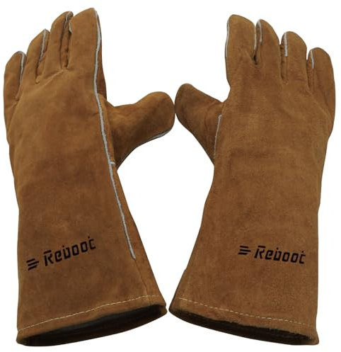 Reboot Guanti resistenti al calore, guanti ignifughi per bruciatori di legno, in pelle bovina divisa, da saldatore, guanti da barbecue, forno a legno-16