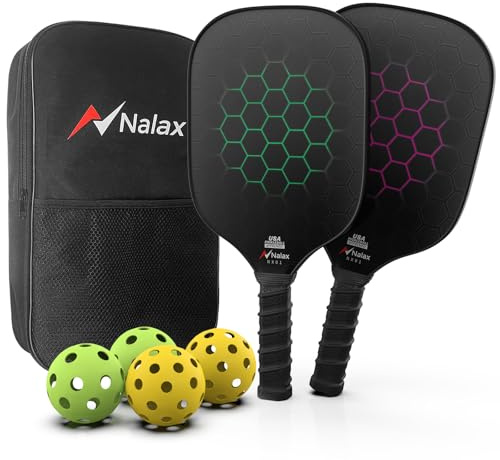 Nalax Pickleball Paddles Set of 2, USAPA Approved Fibreglass Rackets with 4 Balls & Carry Bag, Lightweight Kit for Adults Family Beginners Indoor Outdoor Garden Leisure Centre