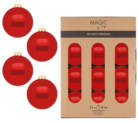 Weihnachtskugeln Glas 8cm 12 Stück - Christbaumkugeln glänzend - Weihnachtsbaumkugeln für Weihnachten - Christbaumschmuck & Weihnachtsbaumschmuck - Modern Red