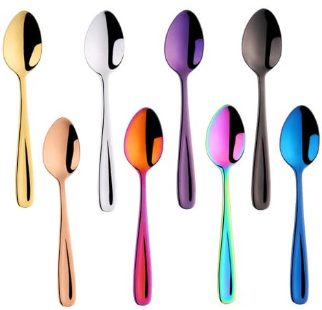 FUZVOL 8 Pcs Teaspoons Set 5.5 Inch/14 CM Colorful Tea Spoons Stainless Steel Cappuccino Espresso Dessert Spoons Small Coloured Coffee Spoons for Restaurant Bar Kitchen
