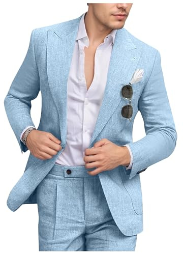 Linen Men Suit Slim Fit 2 Piece Summer Beach Wedding Suits Light Blue Casual Suit Blazer Pants Set for Groomsmen M
