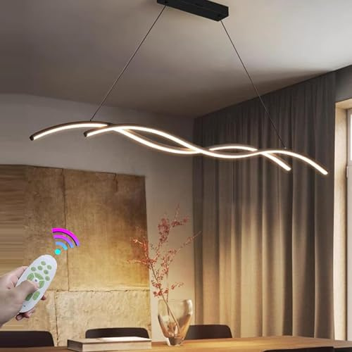 XIANHE LED Lampada a Sospensione 55W Dimmerabile per Lampada da Pranzo da Tavolo da Pranzo Lampadario Moderna Ondulato con Telecomando Sala da pranzo Ufficio Cucina Soggiorno Lampadari (Nero, L90cm)