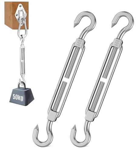 UESDU 2 Pcs M8 Turnbuckle, 304 Stainless Steel Wire Tensioner Heavy Duty Turnbuckle Hook Adjustable Turnbuckles Wire Tensioners for Sail Shade