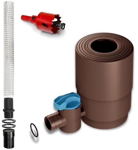 YourCasa Set di collettore di pioggia [Downpipe] con tubo di collegamento da 30 cm e passaggio per cisterna piovana, rubinetto di arresto e filtro per il collegamento di tubo di scarico da 68-100 mm