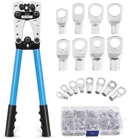 Polegas HX-50B Battery Cable Lug Crimping Tool Kit, Wire Crimping Tool with 60 PCS Copper Ring Terminals for Crimping Wire Cable from 6-50mm² (AWG 10-1/0), Heavy Duty Crimper for Battery Wire Terminal