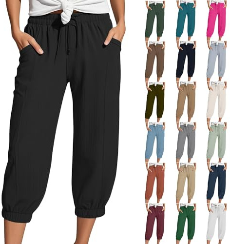 Pantalon en Lin 3/4 Femme été Pantacourt Léger Décontracté Sport Pantalons Fluide Cargo Large Loisirs Longueur Pants Jogging Pantalons Yoga Pilattes Pantalon avec Poches Confortable Pants de Plage
