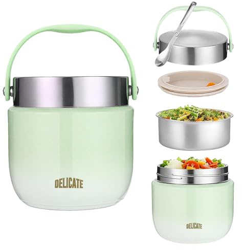 Vlecexs Contenitore termico per alimenti, 1200 ml, Contenitore Termico per Alimenti di Acciaio Inossidabile con Cucchiaio Pieghevole, Isotermico Sottovuoto per Cibi Caldi e Freddi (Verde)