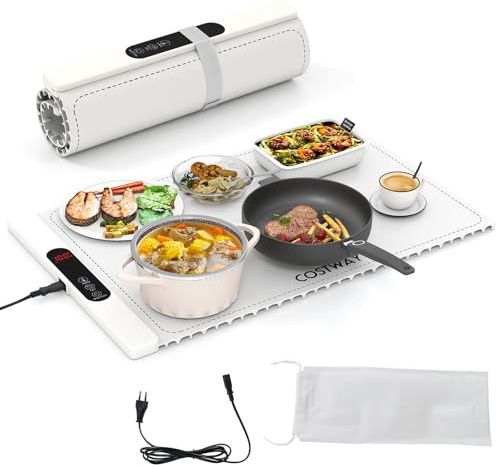 COSTWAY Chauffe Plat Électrique Pliable pour Aliments, Tapis Chauffant avec Température et Minuterie Réglables, Plateau Chauffant en Silicone Enroulable, Contrôle Tactile, pour Fêtes, Buffets (Blanc)