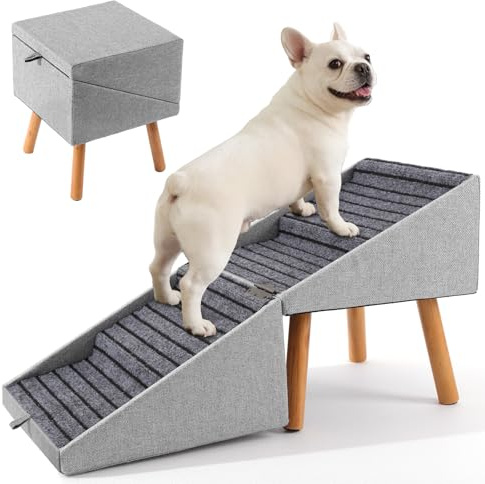Ziluce Foldable 4-Steps Dog Ramp & Ottoman – Non-Slip Pet Stairs for Couch, 17.13 H(43.5cm) Dog stairs for Elderly/Injured/Small Dogs, Convertible Shoe Bench, Easy-Clean Fabric (Light Grey)