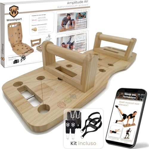 Woodsport Air – Liegestützbrett/Push Up Board aus Kiefernholz für Home gym – 65 cm Familiengröße – Klappbares Fitnessgerät für Zuhause – inkl. Resistance Bands + 30-in-1 Trainingsguide