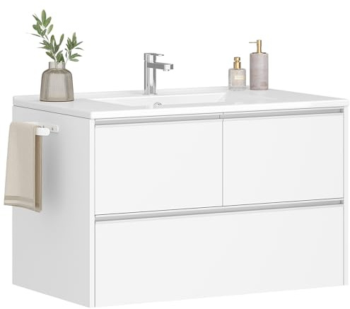 Hzuaneri Mobiletto da Bagno Sospeso a Parete, con Lavabo Integrato, 2 Porte,1 Cassetto Grande, Portasciugamani, Mobile Bagno, Archiviazione ad Alta Capacità, 45 x 80 x 50 cm, Moderno, Bianco BC64203X