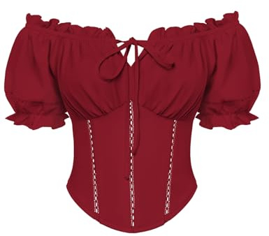 SCARLET DARKNESS Blusa renacentista para mujer, manga corta, corsé con lazos, adornado con blusas medievales, rojo oscuro, M