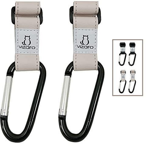 Ganchos Carro Silla Bebé de Lujo de marca Vizaro - 2 uds - Para Colgar Bolsas, Mochilas, etc - Correa de Cuero Blanco Abalone Alta Resistencia Hasta 15kg Peso - Argolla Cerrada Grande
