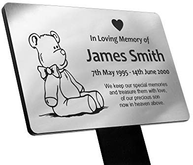 Personalised Children's Teddy Bear Memorial Plaque Stake - Grave Marker Outdoor Garden Waterproof (Silver)