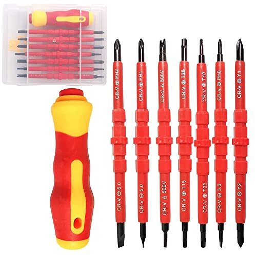 Schraubendreher Set, 7 Teilig Isolierter Profi Schraubendrehergriff Set, 14 in 1 Multifunktionales Austauschbarer Isolierter Zwei Wege, Schraubendreher mit Weichem Griff für Reparatur Von Elektrikern
