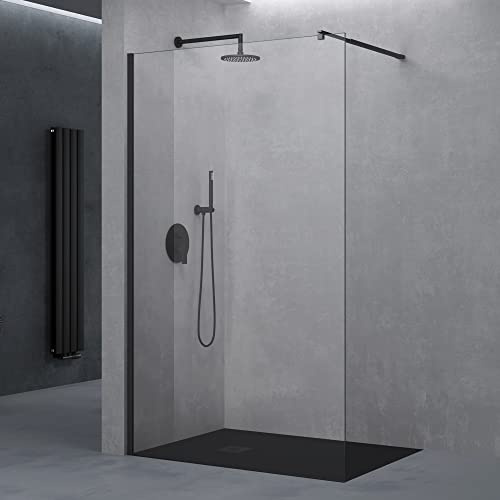 doporro Paroi de Douche à L'italienne Transparent 110cm Pare-Douche Verre de Sécurité 8mm Bremen1K 110x200cm Profilé Noir Stabilisateur en Acier Inoxydable