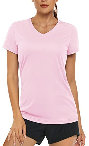 MAGCOMSEN Damen Fitness Trainingsshirts UV Schutz Sport Tshirt Sommer Leicht Laufshirts Frauen Wandern Camping Outdoorshirt Elastische Running Oberteile Shirts Hellrosa L
