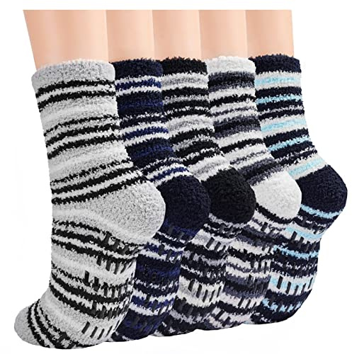 JaosWish Mens Slipper Fluffy Socks, 5 Pairs Bed Cosy Warm Thermal Socks for Men with Grippers, Winter Fleece Cozy Comfy Fuzzy Socks Non Slip 6-10 for Home Sleeping
