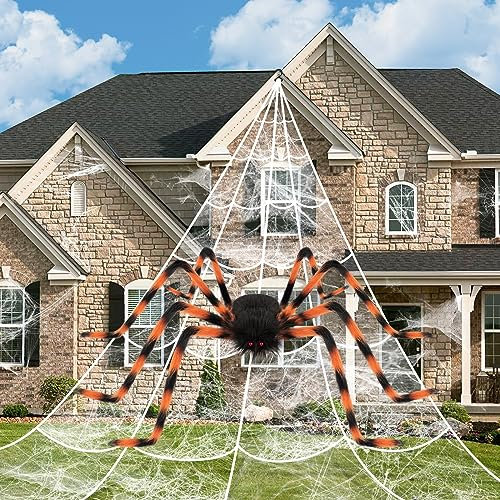 BOSONER Halloween Deko Outdoor Spinne Groß: Horror Deko Garten 127cm Riesenspinne Set with 50cm Dreieckiges Riesen Spinnennetz - Gruselige Dehnbares Riesen Spinne (Orange und Schwarz)