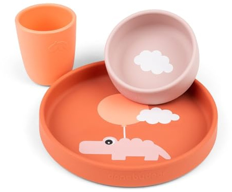 Done by Deer Silikon Geschirr-Set Happy clouds Papaya - Kinderteller Ø18, Schüssel Ø10 und Trinkbecher aus 100% Silikon in Lebensmittelqualität