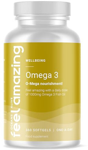Omega 3 Fish Oil: One-a-Day (Full-Year 360-Day Supply) - 1000mg Fish Oil per Softgel with 180mg EPA, 120mg DHA & 3mg Vitamin E - Premium Heart & Brain Health Boost by Feel Amazing