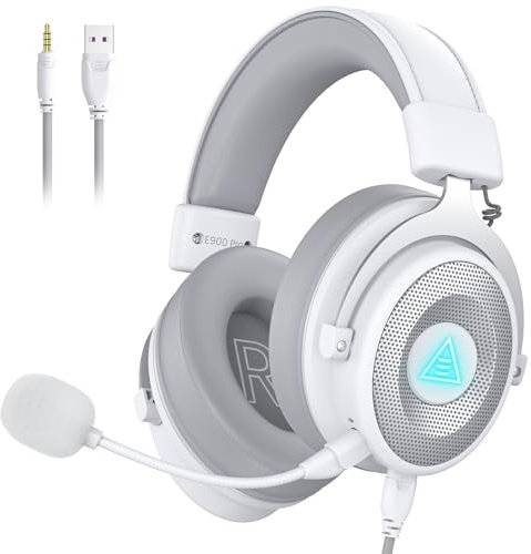 EKSA E900Pro Gaming Headset for PC PS5 PS4, Wired Headphones with Detachable Noise Cancelling Mic, 7.1 Surround Sound, USB&3.5mm Cable, LED Light, Over-Ear USB Gaming Headphones for Xbox One (White)