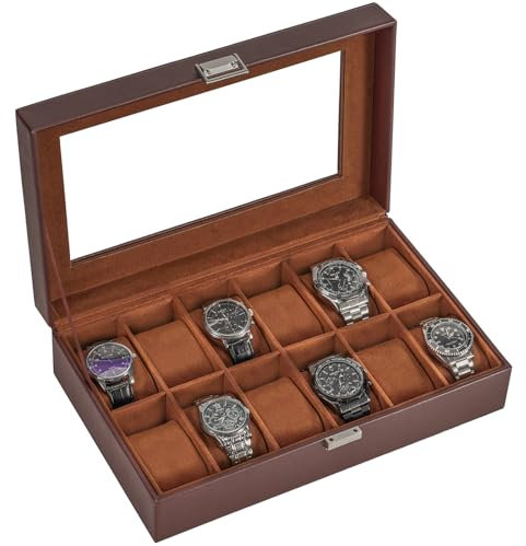 ProCase Watch Box Organizer for Men, 12 Slot Watch Display Case With Glass Lid, PU Leather Watch Storage Mens Watch Case, Watch Holder Organizer for Men Women -12 Slot, Brown