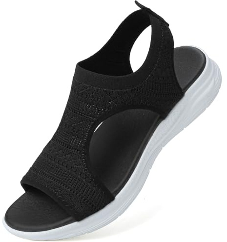 VTASQ Summer Washable Slingback Orthopedic Slide Sport Sandals Thick Bottom Fish Mouth Sandals Comfy Sports Knit Mesh Platform Soft Sole Sandals Black 6UK
