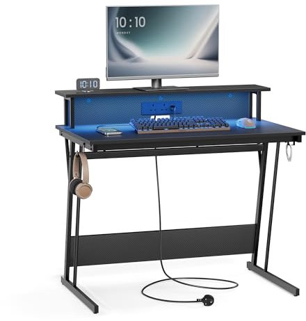 VASAGLE Gaming Desk with LED Lights and Built-In Power Outlets, Computer Desk with Monitor Shelf, Gaming Table for 2 Monitors, Office Desk, for Bedroom, 60 x 100 x 76 cm, Carbon Black LWD291B02