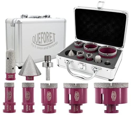 QUEFORET Set Punte Diamantate per Gres Porcellanato 8 Pezzi - 5 Punte 20/25/35/55/68mm x M14, Fresa 20mm, Smusso 50mm, Adattatore per Porcellana, Piastrelle, Ceramica, Marmo, Granito