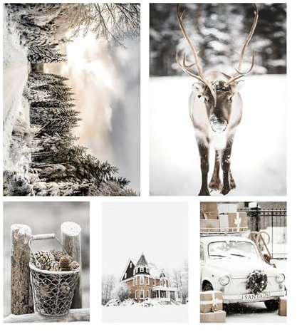 Zfseyuh Moderne Poster Set 5er Premium Poster Set Moderne Winter Schneelandschaft Wandbilder Bilder für Wohnzimmer, Arbeitszimmer, Esszimmer usw Aufhängefertig (Weiße Schneeszene)
