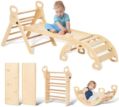 Klettergerüst Indoor Montessori Kletterdreieck mit Kletterbogen und Rutsche, 5-in-1 Kletterbogen Kletterdreieck Holzdreieck für Kleinkinder ab 2-5, Indoor Kletterspielzeug, Regenbogen mit Griff