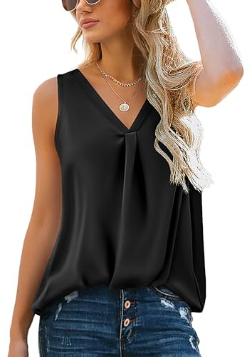 Hotouch satintopp dam elegant linne basic blustoppar sommar casual v-ringade toppar sidentoppar ärmlös satinblus, svart, M