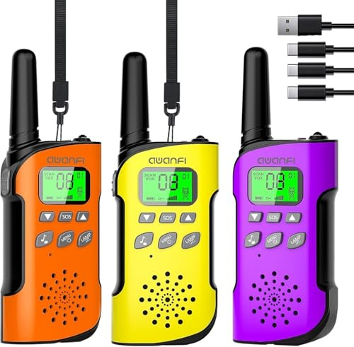 AWANFI Walkie Talkies for Kids Rechargeable 3 pack, Long Range 2 Way Radio with Flashlight & VOX, USB-C Charging, Outdoor Toys for Camping, Birthday Xmas for Boys Girls Age 3-12