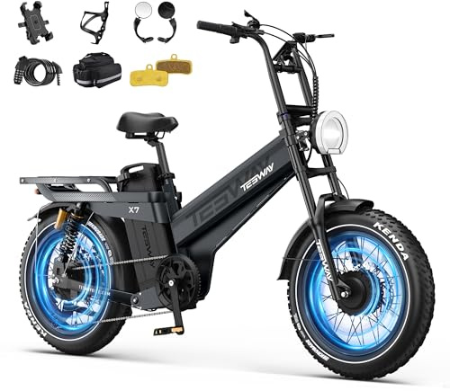 TESWAY Dual Motor Electric Bike X7AWD, 52V 60AH 320KM Long Range Ebike, 4-Piston Hydraulic Brakes & Full Suspension, 20 Fat Tire with 7-Speed Electric Bicycle for Off-Road, Commute, Cargo