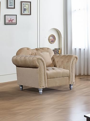 Generico Sofá Chesterfield Italiano de terciopelo beige – Elegante, cómodo y diseño moderno para salón